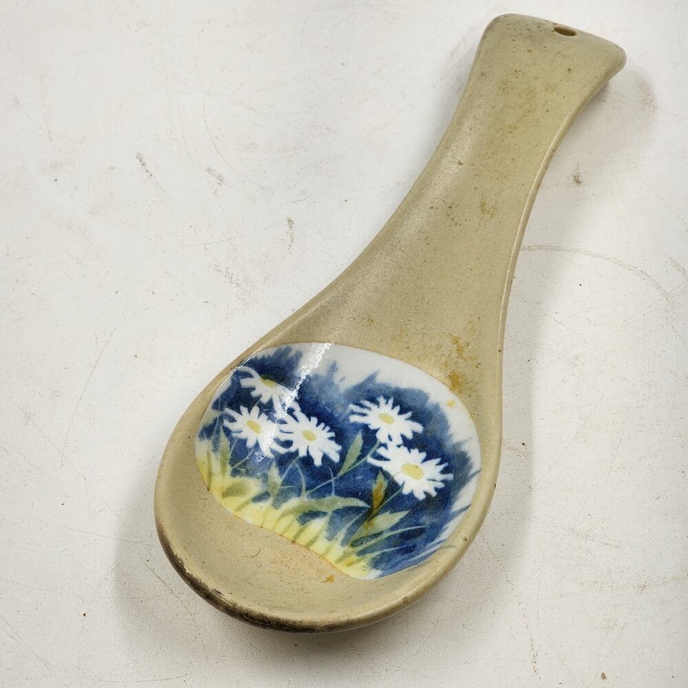 Ceramic Spoon Rest Daisy Flower Kitchen Decor Boho Cottagecore 9" Vintage